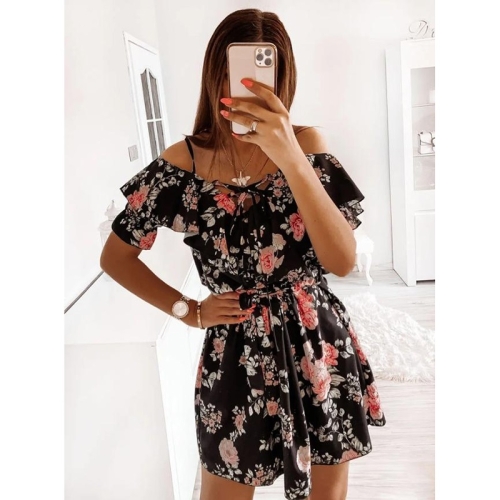 

Printed V-neck Off-Shoulder Waist Ruffled Sling Dress for Ladies (Color:Red Flower on Black Size:S)